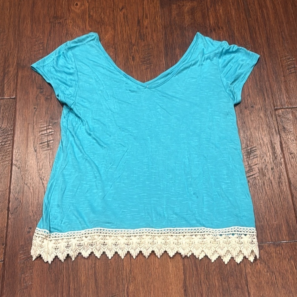 Medium Asymmetrical Blue Cap Sleeve Tee - Picture 8 of 9